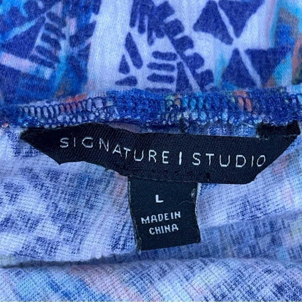LARGE SIGNATURE STUDIO BLUE TRIBAL GEOMETRIC EMBROIDERED ACCENT TOP